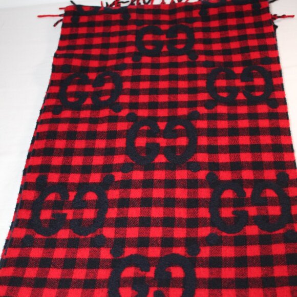 NWT Gucci Red Black Diamond Check GG Logo Scarf Wool Blend - Picture 5 of 8
